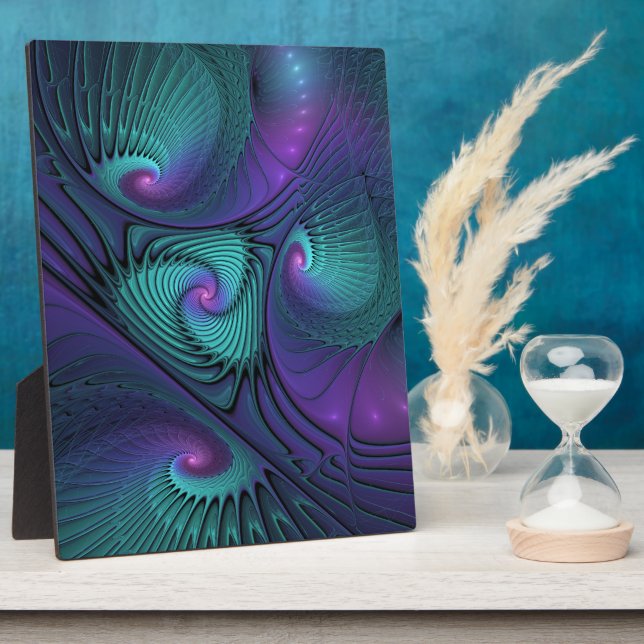 Purple meets Turquoise modern abstract Fractal Art Plaque (Side)