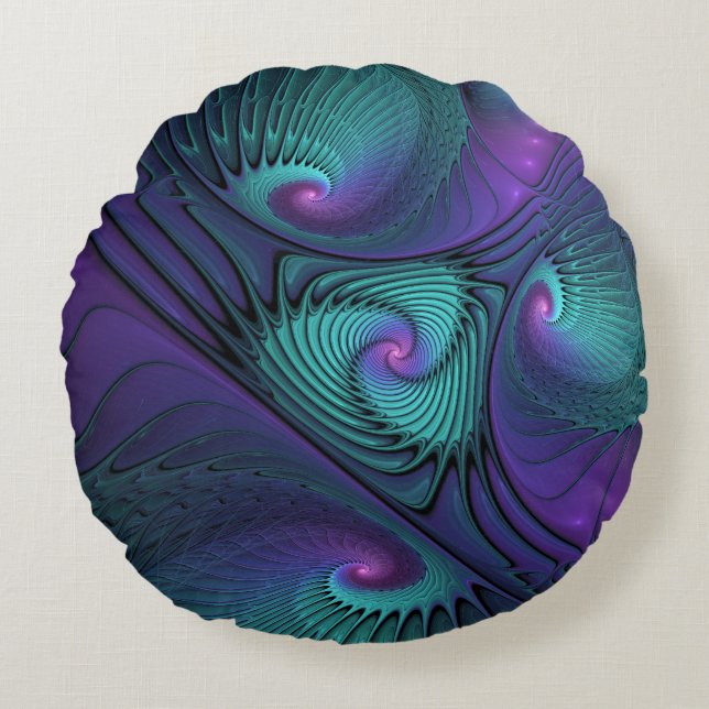 Purple meets Turquoise modern abstract Fractal Art Round Cushion (Front)