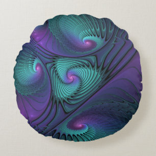 Purple meets Turquoise modern abstract Fractal Art Round Cushion