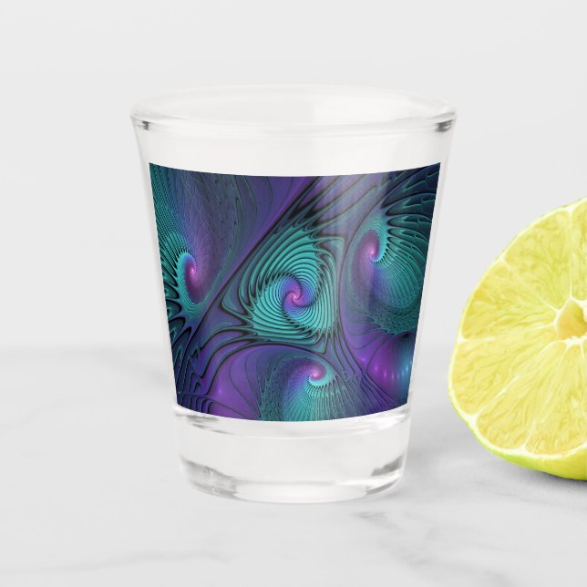 Purple Meets Turquoise Modern Abstract Fractal Art Shot Glass (Front)