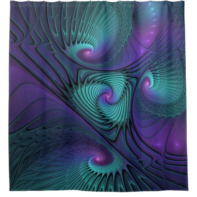 Purple meets Turquoise modern abstract Fractal Art Shower Curtain (Front)