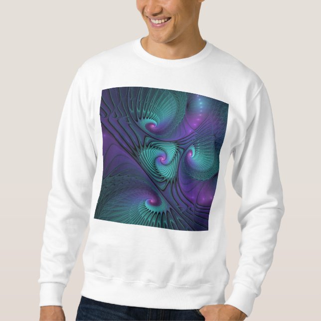 Purple Meets Turquoise Modern Abstract Fractal Art Sweatshirt (Front)