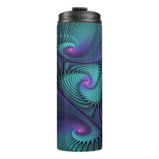 Purple meets Turquoise modern abstract Fractal Art Thermal Tumbler (Front)
