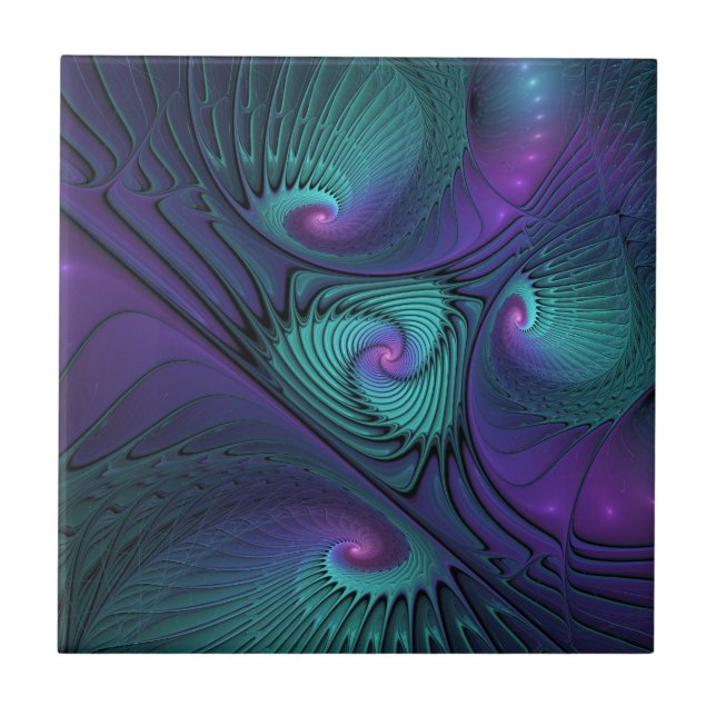 Purple Meets Turquoise Modern Abstract Fractal Art Tile (Front)
