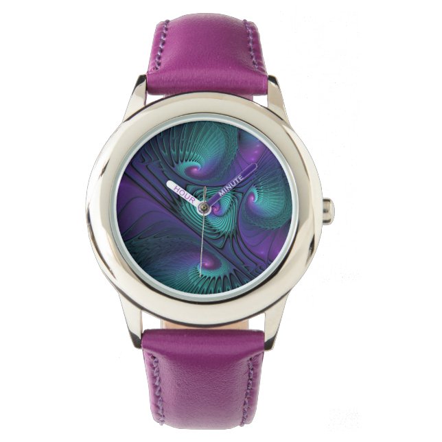 Purple Meets Turquoise Modern Abstract Fractal Art Watch (Front)