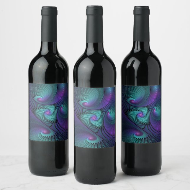 Purple meets Turquoise modern abstract Fractal Art Wine Label (Bottles)