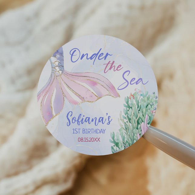 Purple Mermaid 1st Birthday Oneder the Sea Classic Round Sticker (Creator Uploaded)