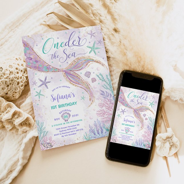 Purple Mermaid 1st Birthday Oneder the Sea Party Invitation (Creator Uploaded)