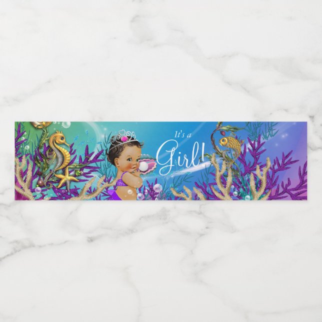 Purple Mermaid Baby Shower Water Bottle Labels (Single Label)
