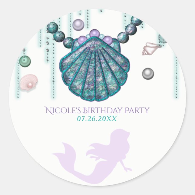 Purple Mermaid Beach Bling Birthday Party Favour Classic Round Sticker (Front)