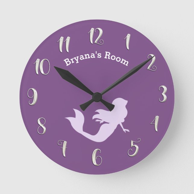 Purple Mermaid Bedroom Personalised Custom Name Round Clock (Front)