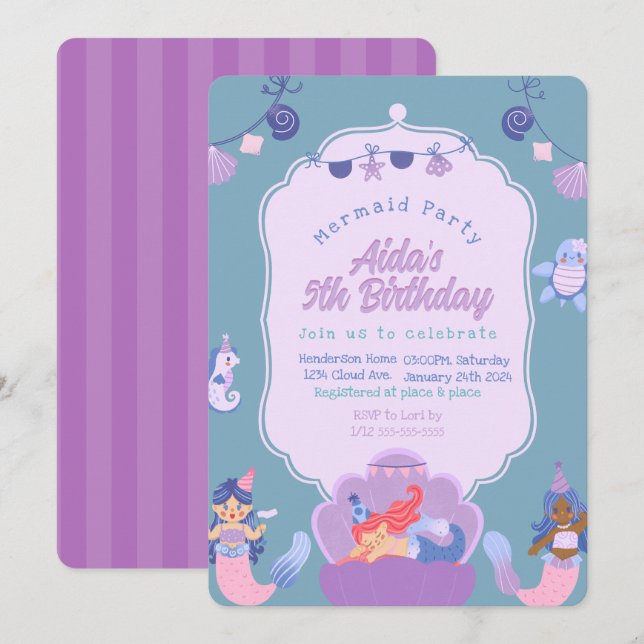 Purple Mermaid Birthday Invitation (Front/Back)