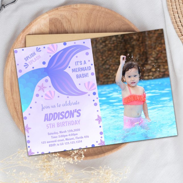 Purple Mermaid Birthday Invitation with Photo  (Mermaid Purple Birthday Invitations with photo)