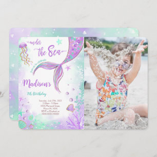 Purple Mermaid Birthday Photo Invitation