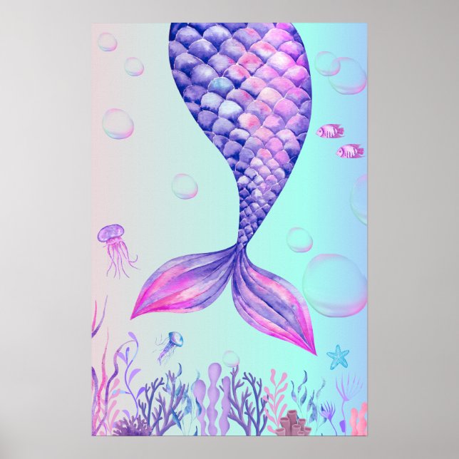 Purple Mermaid Blue Sea Bedroom Wall Art Poster (Front)