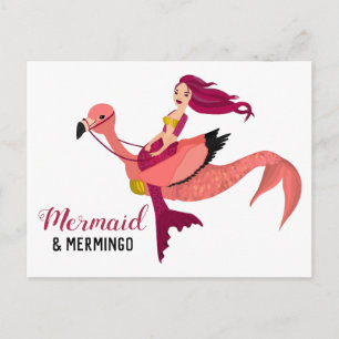 Purple Mermaid & Cute Pink Flamingo BFF Mermingo Postcard