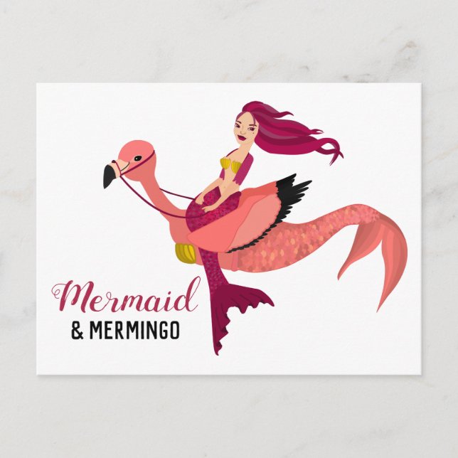Purple Mermaid & Cute Pink Flamingo BFF Mermingo Postcard (Front)