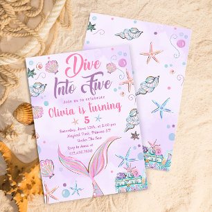 Purple Mermaid Dive Into Five 5th Birthday Invitation