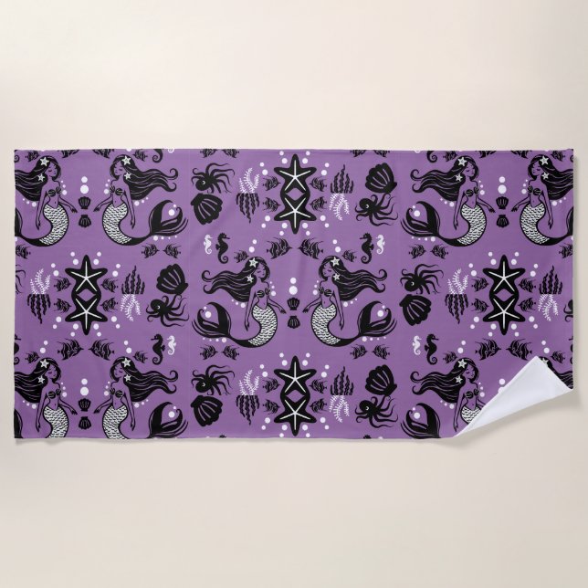 Purple Mermaid Fantasy Beach Towel (Front)