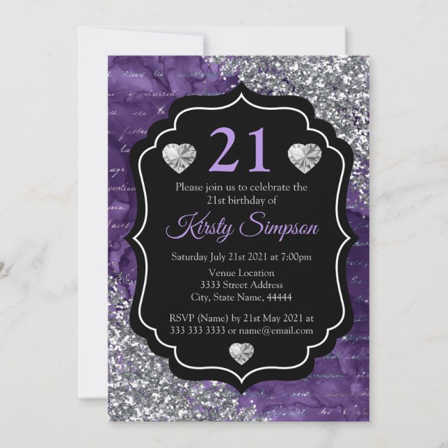 Purple Mermaid Handwriting Letters Silver Glitter Invitation (Front)