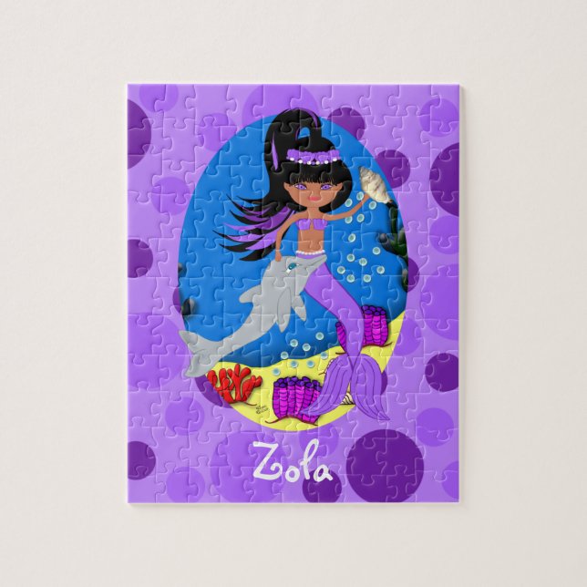 Purple Mermaid in the Ocean with a Dolphin Jigsaw Puzzle (Vertical)