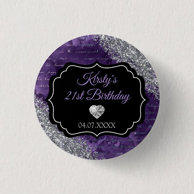 Purple Mermaid Letters Silver Glitter Birthday 3 Cm Round Badge (Front)