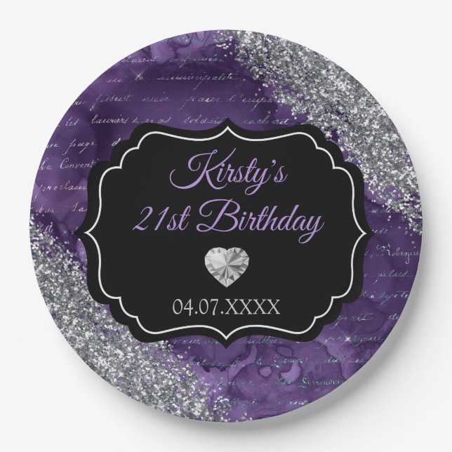 Purple Mermaid Letters Silver Glitter Birthday Paper Plate (Front)