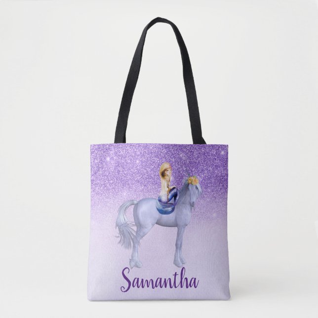 Purple Mermaid on Unicorn Personalised Tote Bag (Front)