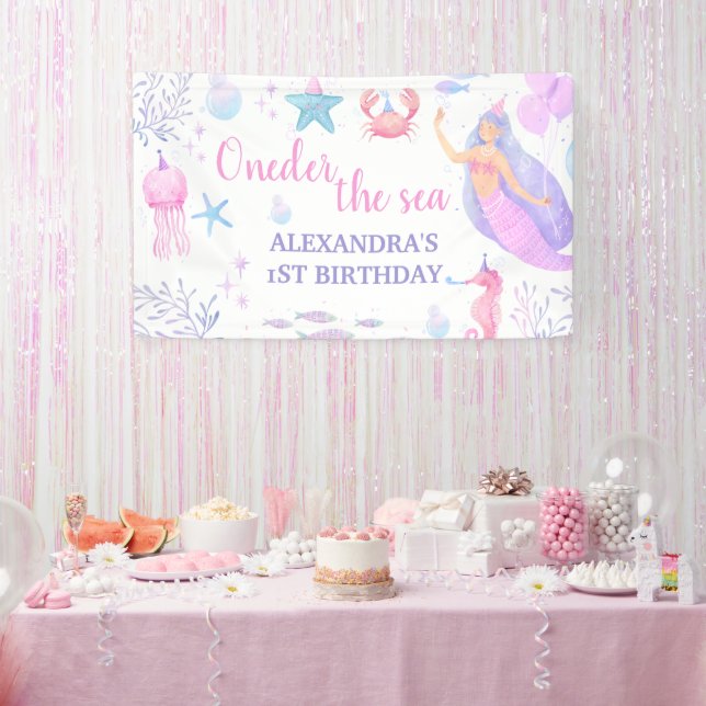 Purple Mermaid Oneder The Sea Girl 1st Birthday Banner (Party)