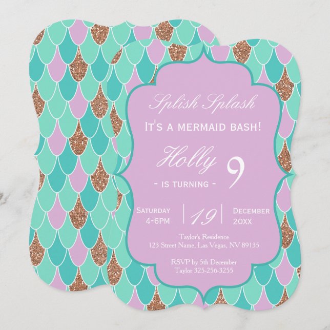Purple Mermaid Party birthday invitation (Front/Back)