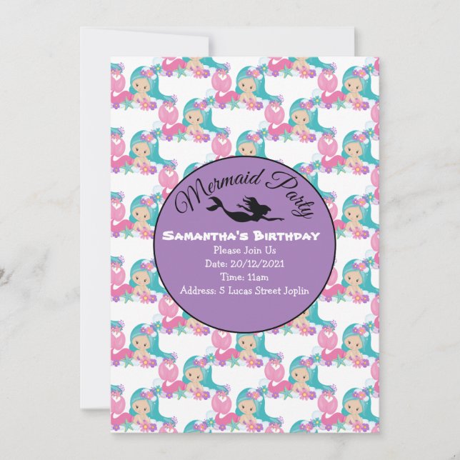 Purple Mermaid Party Pink Invitation (Front)
