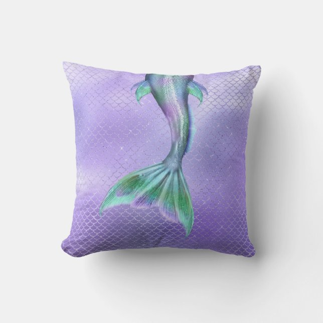 Purple Mermaid Scales and Tail Throw Pillow (Front)