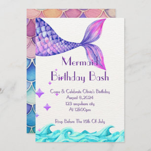 Purple mermaid tail girl birthday invitation 