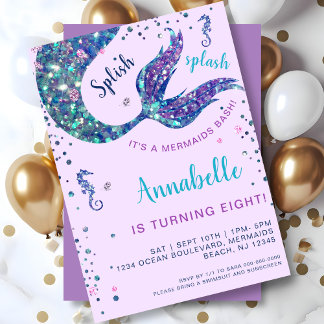 Purple Mermaid Tail Under The Sea Birthday Invitation