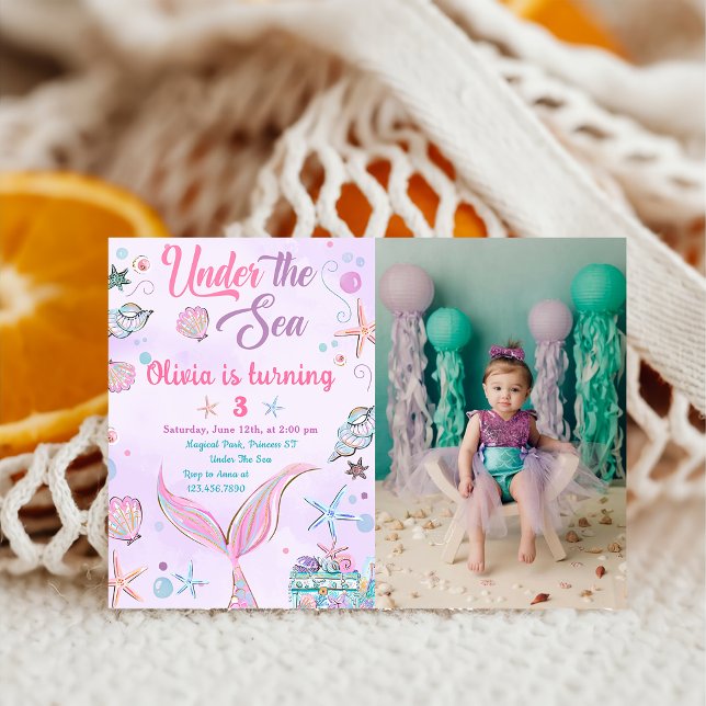 Purple Mermaid Under The Sea Birthday Photo Invitation (Creator Uploaded)