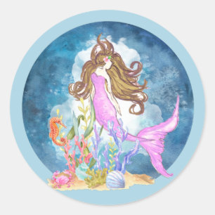 Purple Mermaid Watercolor Globe Classic Round Sticker