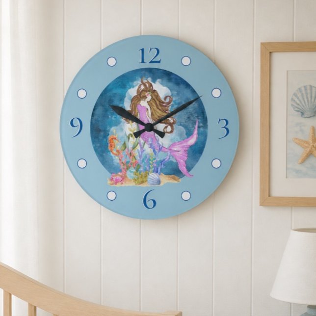 Purple Mermaid Watercolor Large Acrylic Wall Clock (Creator Uploaded)