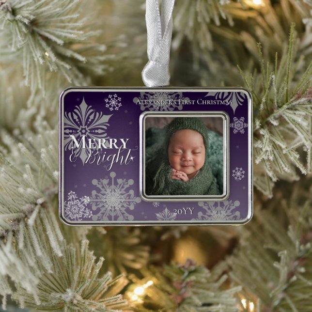 Purple Merry and Bright Snowflakes Baby Photo Silver Plated Framed Ornament (Tree)