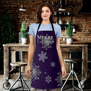 Purple Merry and Bright Snowflakes Christmas Apron