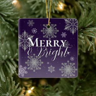 Purple Merry and Bright Snowflakes Christmas Ceramic Ornament