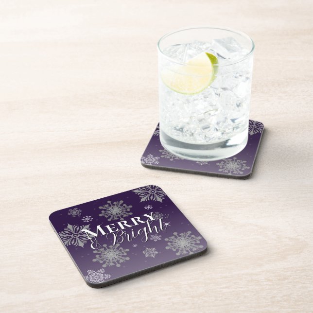 Purple Merry and Bright Snowflakes Christmas Coaster (Right Side)