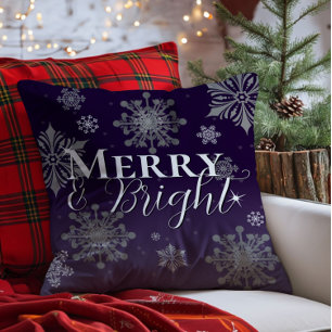 Purple Merry and Bright Snowflakes Christmas Cushion