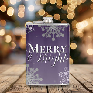 Purple Merry and Bright Snowflakes Christmas Hip Flask