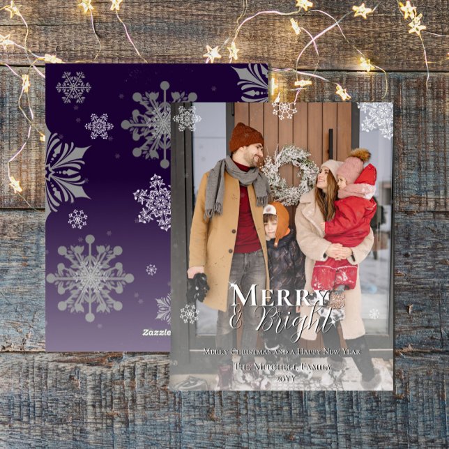 Purple Merry and Bright Snowflakes Christmas Photo Holiday Card (Creator Uploaded)