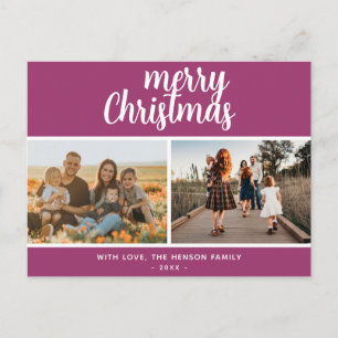 Purple Merry Christmas Family 2 Photo Holiday Postcard