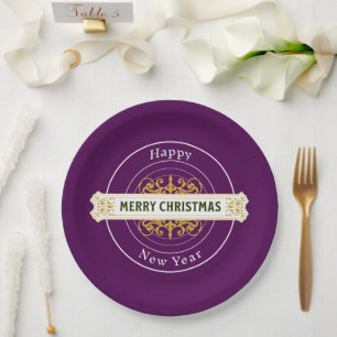 Purple Merry Christmas, Happy New Year Paper Plate