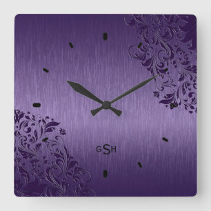 Purple Metallic Design Brushed Steel Look Square W Wall Clock