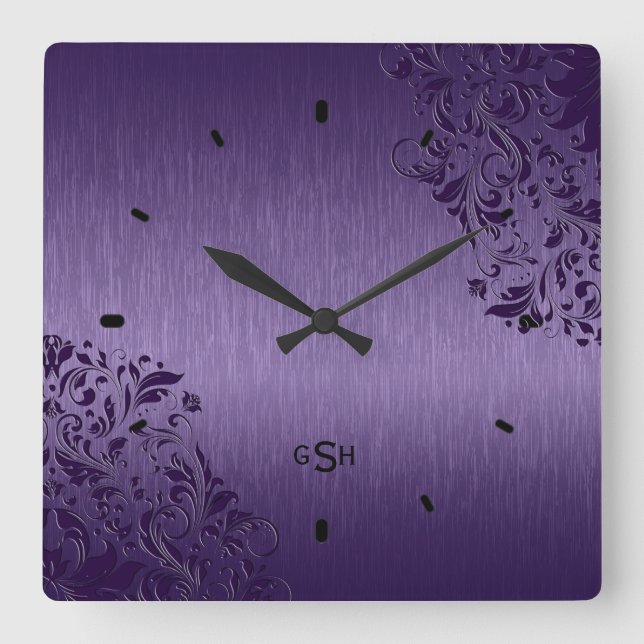 Purple Metallic Design Brushed Steel Look Square W Wall Clock (Front)