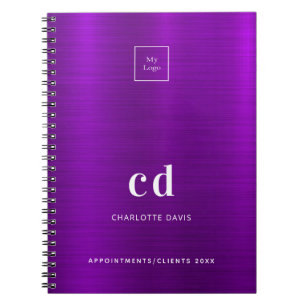Purple metallic monogram business logo notebook