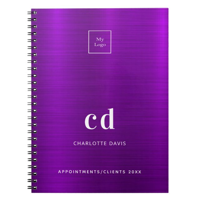Purple metallic monogram business logo notebook (Front)